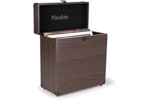 Audizio RC32 Vinyl Record Case Holder - Wood Finish Storage with Flannel Lining, Metal Latch, Hinge, Carry Handle, Holds 30-35 LP Records