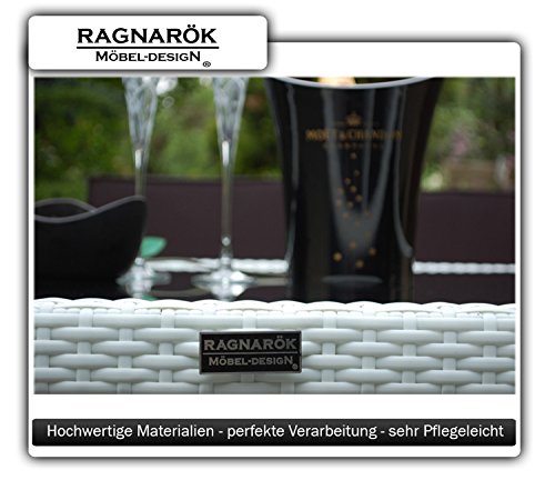Gartenmöbel PolyRattan Essgruppe Tisch mit 4 x Stuhl & 4 Hocker DEUTSCHE MARKE -- EIGNENE PRODUKTION Garten Möbel incl. Glas und Sitzkissen Ragnarök-Möbeldesign