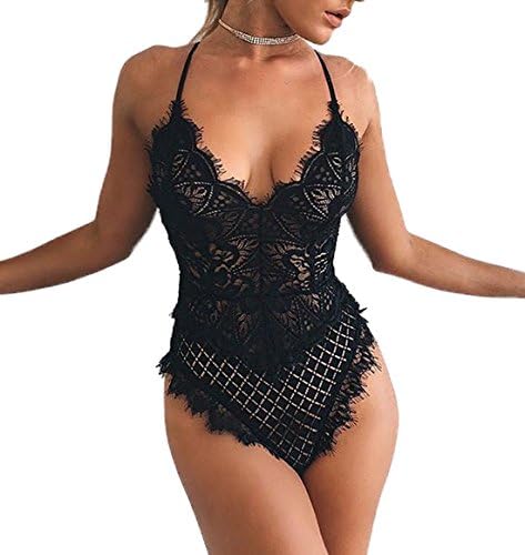 CWCentury Women Sexy Baby Dolls Backless Hipster Rompers Underwear Sexy Strap Lace V-Neck Hollow Out Pattern Babydoll Bodysuit Pants Bustier Unitard