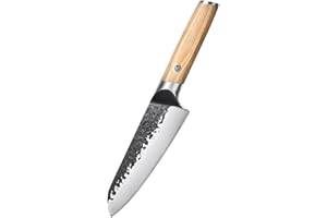 MITSUMOTO SAKARI Coltelli da Cucina 17 cm, Coltello Santoku in Acciaio al Carbonio, Coltello Giapponese Professionale Forgiato a Mano (Manico in Legno di Pakka)