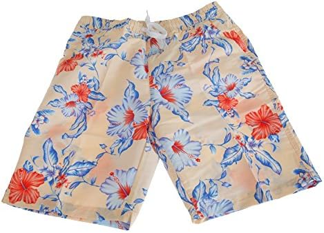 SoulStar Mens Hawaiian Patterned Floral Long Board/Swim Shorts (Medium) (Cream)