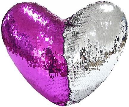 DrCosy Mermaid Throw Pillow with Insert, Two-color Reversible Sequins Pillow Cases Heart Shape Mermaid Decorative Cushion 35x40cm(Silver/Rose Red)