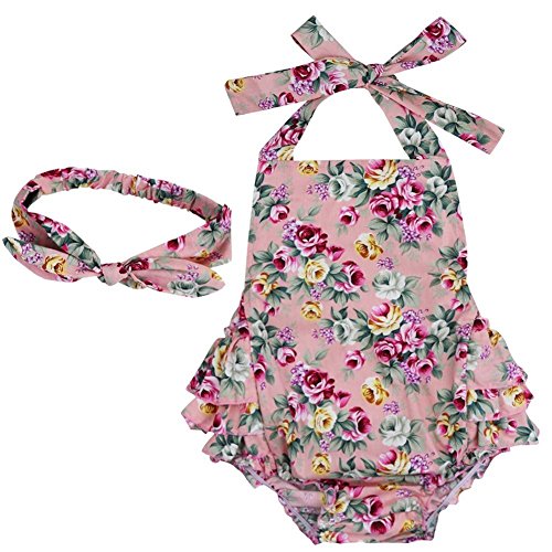 TiaoBug Baby Girls Floral Cherry Ruffles Romper Bodysuit Summer Dress with Headband Pink Rose 24 Months