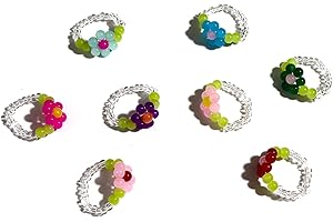 COLORFUL BLING 8pcs Boho Handmade Beaded Daisy Flower Rings Set Cute Vintage Colorful Transparent Glass Beads Aesthetic Stretch Finger Rings for Women Holiday Bohemian Jewelry, Acrylic Crystal Glass, Crystal