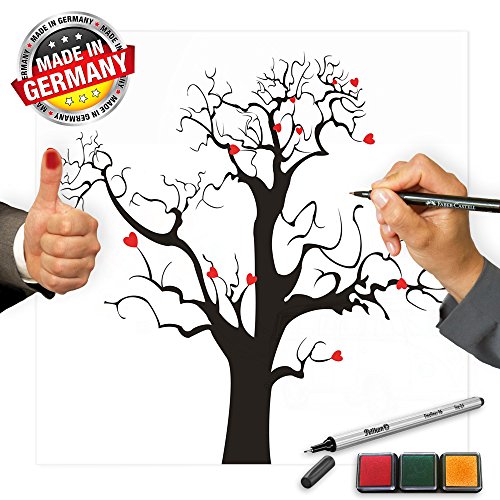 Fingerabdruck Leinwand *80×80* INKL Zubehör-Set GRATIS (Stempelkissen+Stift+Anleitung+Hochzeitsbuch+…) + PORTOFREI – Herzchen Baum braun – Hochzeitsbaum Fingerabdruck – Fingerabdrücke der Hochzeitsgäste auf Leinwand als Hochzeitsgästebuch Einträge – Fingerabdruck Baum Leinwand – Herzchen Baum braun - 2
