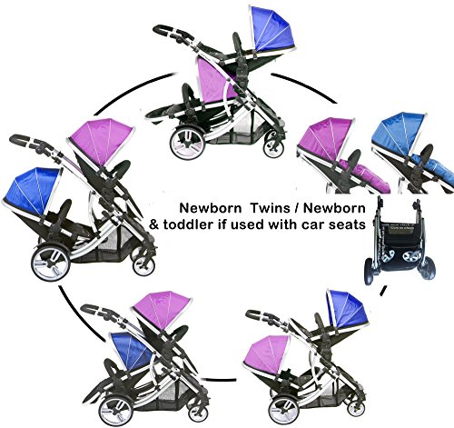 Kids Kargo Duellette 21 BS Twin Double Pushchair Tandem Stroller buggy 2 seat units (Magenta Pink/Fizzy Blue /Black Midnight/Pink/Blue,Silver chassis)