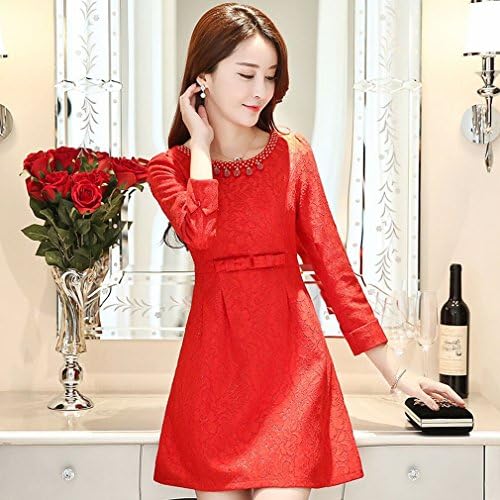 High-end Bride Wedding Dress Nine Points Sleeves Autumn and Winter Back Door Toast Wine Red Lace Skirt Dress,A,XL