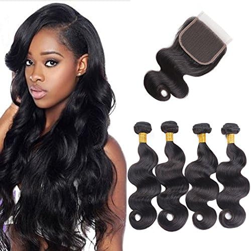 Brazilian Virgin Hair Body wave 4 Bundles with Closure Free Part 4x4 Unprocessed Brazilian Hair Bundles with Closure Natural Black Colour (16" 18" 20" 22" + 16")