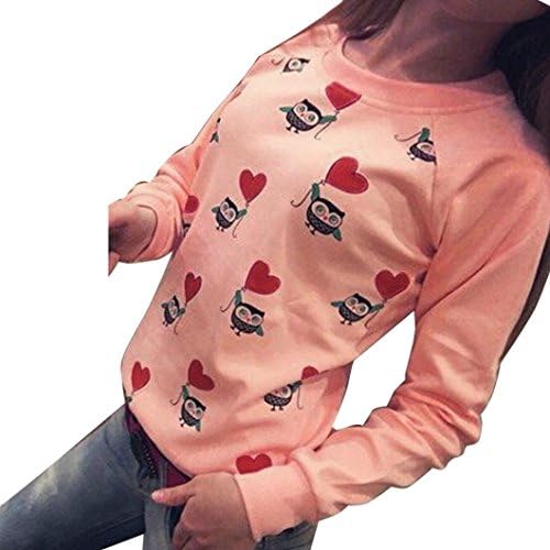 Women Girls Cute Tops LILICAT Ladies Long Sleeve Tops Crop Jumper Girls Cute Owl Cartoon Print T-Shirt Top Loose Casual Oversize Blouse Shirt Fashion Spring Autumn (Pink, Size:S)