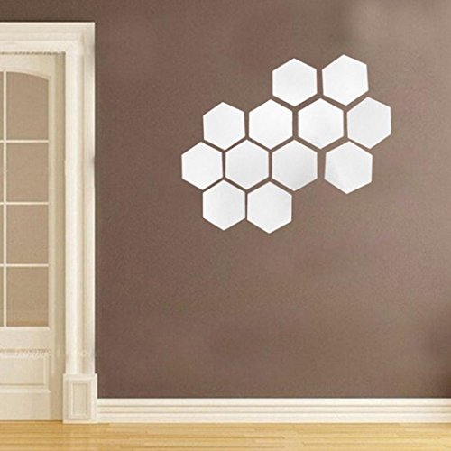 Saingace 12Pcs Spiegel-Hexagon-Vinyl entfernbare Wand-Aufkleber-Abziehbild-Ausgangsdekor-Kunst DIY Wandaufkleber Wandtattoo Wandsticker (Silber) - 2