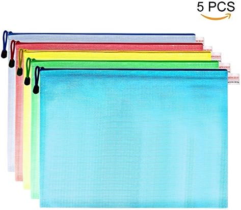 Zipper File Bags, Pack of 5, 5 Colors Zippered Water-resistant PVC Bag Storage Pouch for Women, Men Organizer Document, Business Receipts, Cosmetics, Travel Accessories (A3 17.1''x12'')