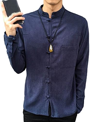 PFSYR Men's Shirts Chinese Style Chinese Collar Collar Button Tops Linen Long Sleeve Shirts Comfortable and Breathable,Blue-XL