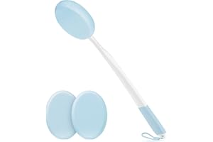 VANZAVANZU Applicateur de Lotion pour le Dos avec Manche Long Blanc, Poignée Antidérapante Bleue et 3 Tampons Lavables Bleus, Idéal pour Crème Solaire, Autobronzant et Hydratants, Convient à Tous les Âges