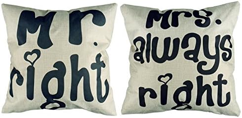Luxbon set of 2pcs Mr Right &amp; Mrs Always Right Heart Cushion Cover Durable Cotton Linen Throw Pillow Case Wedding Valentine Love You 18"X18" 45x45cm