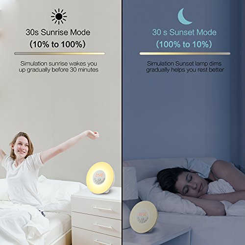 Beawelle D02 Wake-Up Light mit Sonnenaufgangsfunktion in 10 Farbstufen inkl. digitalem FM Radio, 6 natürlichen Wecktöne, 7 Farben - 5