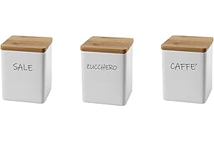 MECSAL CASALINGHI Set 3 Barattoli Contenitori, Tris Sale Zucchero Caffè, in Ceramica, con Tappo in Legno, Stile Shabby