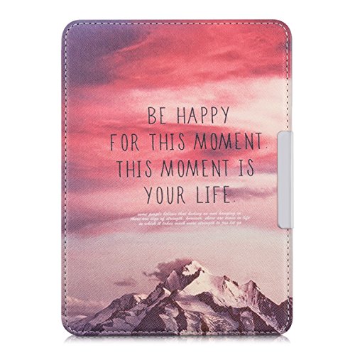 kwmobile Hülle für Amazon Kindle (8. Generation) – Flipcover Case eReader Schutzhülle – Bookstyle Klapphülle Be Happy Design Rosa Violett Koralle - 6