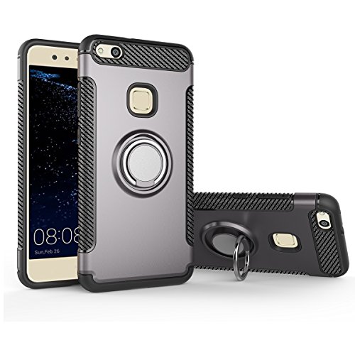 huawei p10 Lite Funda COOLKE Doble Capa TPU   PC Shockproof Anti-rasgu  os tel  fono caso protecci  n C  scara Cover de 360 Rotating Ring Grip Stand Holder para huawei p10 Lite - Gris