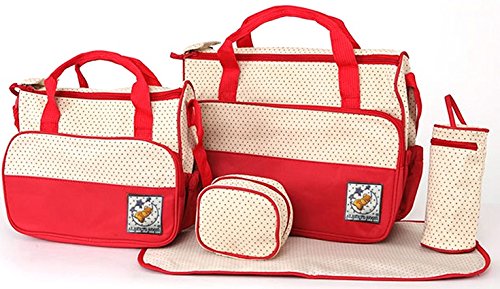 5pcs Baby Nappy Changing Bag Set Diaper Bag Multifunctional Mummy Handbag Shoulder Bag Mat (Red)