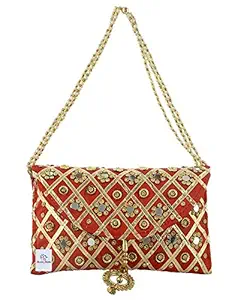 Heart Home Silk Traditional Mirror Work Envelope Clutch/Hand Purse Bag for Women/Girls (Red)-HEART11447, Standard