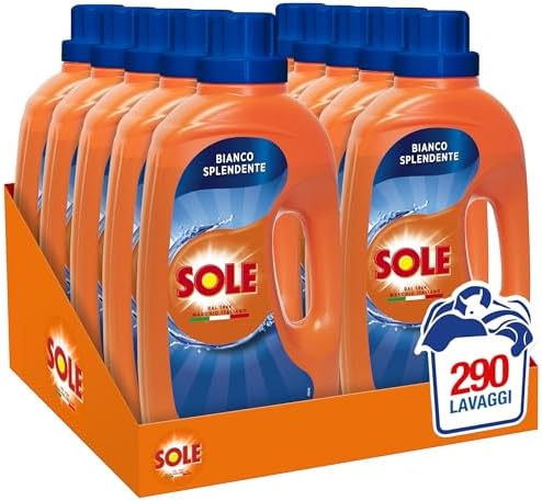 Sole Detersivo Lavatrice Liquido Bianco Splendente 290 Lavaggi, Formula Igienizzante, 10 Confezioni da 29 Lavaggi