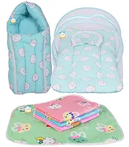 Bantoo New Born Baby Bedding Set Gift Items Combo Pack of Net Bed Sleeping Bag and Plastic Sheets Sets for 0-6 Months Baby Boy's & Baby Girl's (Aqua Green Smily)