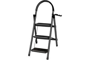 HUOLE Escabeau Pliable à 2 Marches,pour Intérieur/Extérieur, Capacité Max 150 kg, Facile à Ranger, Acier Allié, Pieds Antidérapant,104 x 57 x 41,5 cm - 3 marches (Noir)