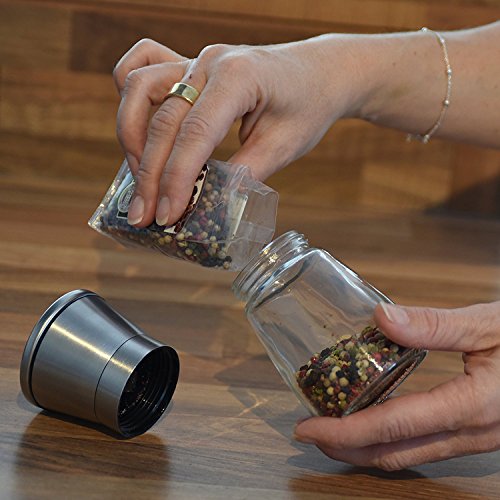 ALBARGO – Salzmühle – Pfeffermühle im 2er Set, manuelle Kräutermühle – Gewürzmühle mit Keramikmahlwerk verstellbar, für Gewürze Salz Pfefferkörner Meersalz Chili, Salz & Pfeffermühle Glas / Edelstahl - 2