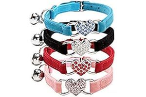 Collar de gato con campana de Chukchi, hecho de terciopelo suave y seguro, ajustable, con corazón de cristal, de 20 a 28 cm