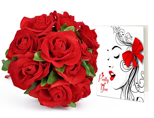 TIED RIBBONS Gifts for Girlfriend, Best Valentine's Day Gifts, Valentine Day Special Gifts for Her 24 Faux Red Roses Bunch Bouquet with Greeting Card