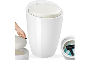 ‎TECTAKE tectake® Sitzhocker, Badhocker, Hocker mit Stauraum und Sitzkissen, als Badezimmer Deko und Wäschekorb mit Deckel, Möbel für Dusche, Badezimmer, Hocker Schminktisch, Wäschekorb schmal, rund - weiß