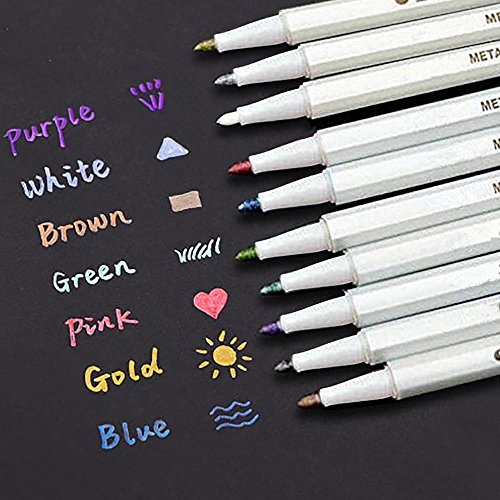 INIBUD Metallic Marker Pens, Satz von 10 Farben inkl. 8 Tafel Labels für Kartenherstellung DIY Fotoalbum Gebrauch auf irgendeiner Oberfläche-Papier Glas Kunststoff Keramik - 3
