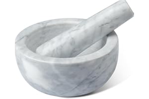 Parmedu Marmor-Mörser- und Stößel-Set: Küchenmühle aus Naturmarmor in großer Größe mit 14cm Durchmesser - Manuelle Gewürzmühle Kräutermühle Pillenzerkleinerer mit Stößel in Weiß