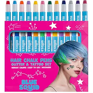 Blue Squid Hair Chalk for Girls Pens and Glitter Tattoo Set, 10 Temporary Hair Color Pens, 20 Stencils, 3Glitters and Glue, Vibrant Washable Hair Dye Pens, Girls Hair Accessories Crayons
