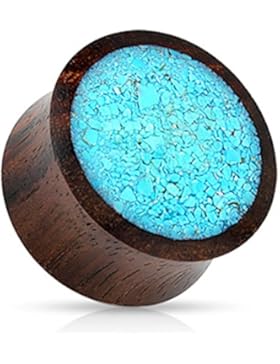 Paula & Fritz® Plug mit Sattelverschluss aus Holz mit eingesetzten zerstoßenen Türkisen 6mm – 25mm PSM134