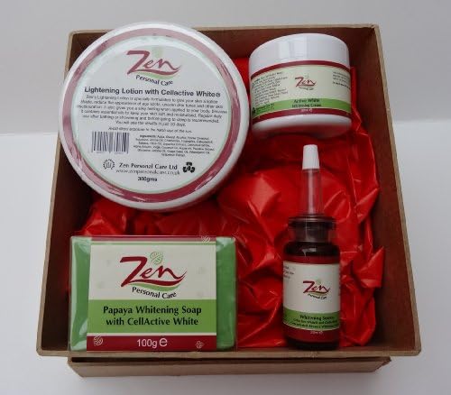 Zen Personal Care Whitening Pack (Lightening Lotion, Active White Cream, Papaya with CellActive White Soap, Whitening Serum. SAVE 17.50 for buying a starter set. Reduces appearance of age spots, uneven skin tones containing 7 of the best whitening ingredients in the industry.
