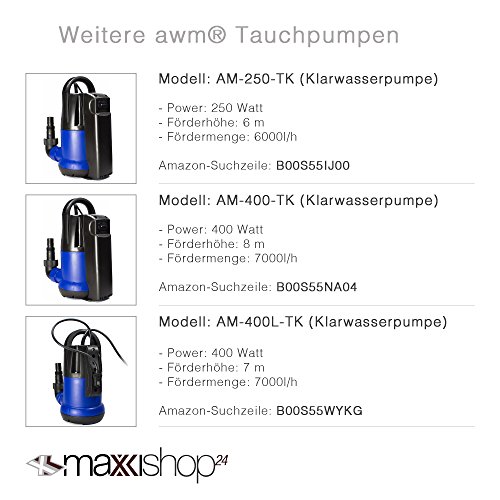 AWM Tauchpumpe Flachsaugend Gartenpumpe Wasserpumpe, 400 Watt, Schmutzwasser, 10 m Rundkabel, Förderhöhe 5 m, Fördermenge 8000l/h, AM-400-TS - 5