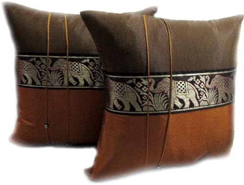 One Pair Elephant Middle Stripe Throw Cushion Cover/Pillow Sham Handmade by Satin and Thai Silk for Decorative Sofa, Car and Living Room Size 16 X 16 Inches