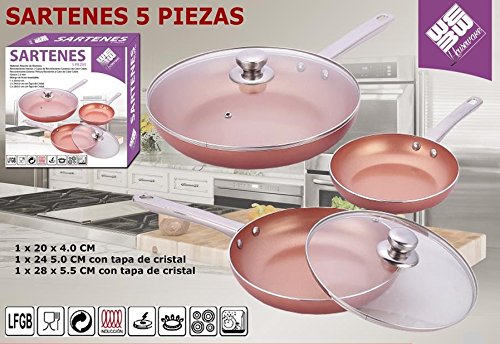 JPWonline - Juego de Sarténes de 5pcs con mango de acreo - 2 Capas Revestimiento Cerámico de Cobre BN-5506