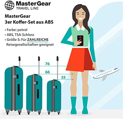 MasterGear Hand Luggage with ABS Hard Shell – Carry On Suitcase – Cabin Luggage with 4 Spinner Wheels (360 degrees) and Combination Padlock