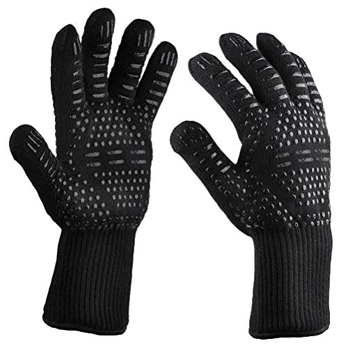 examen LIOOBO 2pcs BBQ Gants résistant à la température Aramid Case Gants Gants de prévention des incendies calorifuge Gants de Cuisine (Noir)