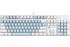 Qisan Teclado mecánico gaming, con cable, azul hielo, con retroiluminación teclado azul interruptor de tamaño completo 104 teclas diseño estadounidense blanco y azul