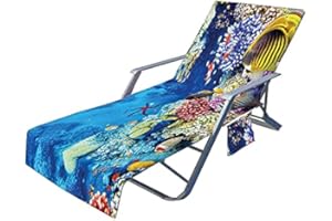 Morbuy Beach Chair Cover Towel, Blue Ocean Print Beach Towel Lounger Bags with Pockets Sunbed Towels Fitted Microfiber Sun Lounger Towels for Summer Outdoor Pool Vacation Travel (Blue coral)