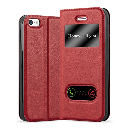 Cadorabo Funda Libro para Apple iPhone 5 / iPhone 5S / iPhone SE en Rojo AZRAFÁN - Cubierta Proteccíon con Cierre Magnético, Función de Suporte y 2 Ventanas- View Case Cover Carcasa
