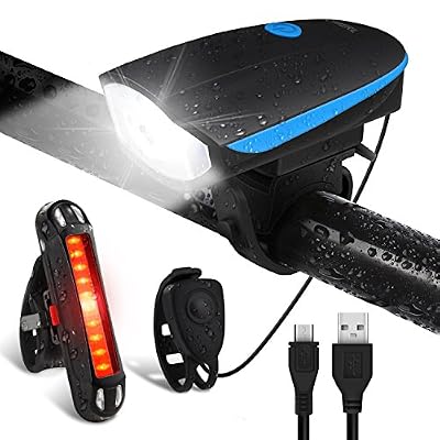 OMERIL Set Lumière Vélo, Lampe Vélo LED USB Rechargeable Etanche, Multi Modes d'Eclairage Fixe/Variable, Eclairage Avant Sonnette 120dB Eclairage Arrière Cyclysme, VTT, VTC, Bicylette