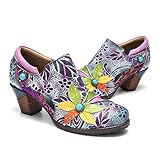  Camfosy Damen Leder Stiefeletten mit Absatz,Frau Bunte Pumps Vintage Blumen Gemütliche Elegant Mokassin Handgefertigte Bequeme Loafers rutschfest Arbeit Schuhe 2019 Herbst Winter Halbschuhe