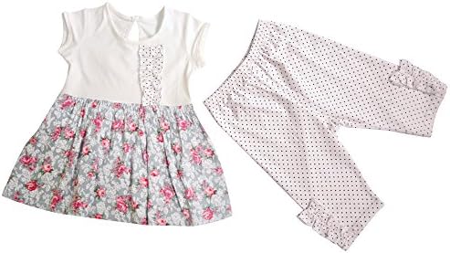 Aikobaby Little Girls Summer Cute Short Sleeve Floral Print T-shirt + Polka Dot Pants Two Pieces Sets (12-18M, Blue)