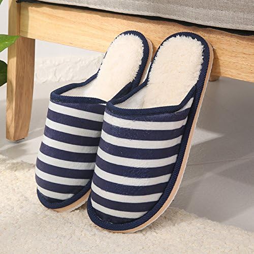 Autumn and winter cotton slippers male and female students non-slip indoor home cotton tow Light striped cotton Slippers, 42/43,Navy blue Cross Bar
