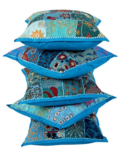 Trendy Set von 5 Floral Türkis 16X16 Patch Work Cotton Kissenbezug von Rajrang - 2