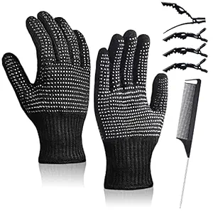 Heat Resistant Gloves with Silicone Bumps, ARRITZ Professional Heat Proof Glove Mitts Kit for Hair Styling Tools Curling Wand Flat Iron with 4pcs Clips 1pc Comb, Universal Size